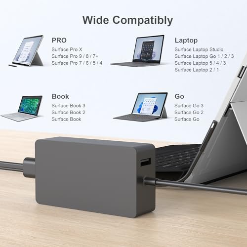 High-Speed AYNEFF 102 W Surface Laptop Charger for Microsoft Surface Book 2/3 & Surface Pro 9/8/7 – 15 V 6.33 A Power Supply with 5.9 ft DC Cable & USB 5 V 1.5 A Port for Fast Mobile Charging – Enhanced Compatibility & Safety Features