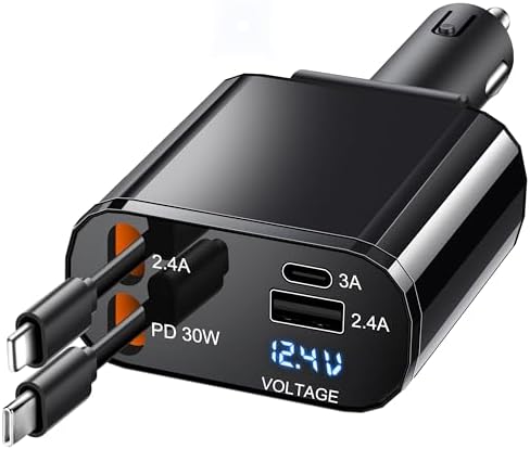 TICCI 66 W Retractable Car Charger – Fast Charging USB-C Accessory for i Phone 16/15/14 & Android Devices – Sleek, Compact Design with Tangle-Free Cables – Ideal for Road Trips and Daily Commutes – Ultimate Compatibility with Galaxy and Pixel Smartphones – Essential Travel Charger for Tech-Savvy Users