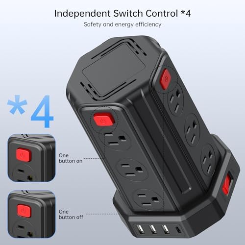 SMALLRT Power Tower Surge Protector – 10 Ft Extension Cord with 12 AC Outlets & 4 USB Ports (1 USB-C) – Ultimate Charging Station for Home & Office – Enhanced Device Compatibility & Safety