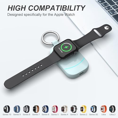 Portable Keychain Charger for Apple Watch – 2500 m Ah Fast Wireless Power Bank for Series 10, 9, SE & Ultra 2 – Essential Travel Companion for Effortless Charging Anytime, Anywhere – Lightweight, Durable, and User-Friendly Design for Active Lifestyles – Versatile Smartwatch Charging Solution