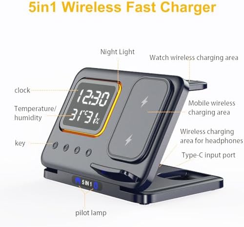 Revolutionary 5-in-1 Wireless Charging Station with Digital Clock, Night Light, and Temperature Display – 15 W Fast Charge for Qi Phones, Smartwatches & TWS Earbuds – Enhanced Safety Features and Space-Saving Design for Home or Travel