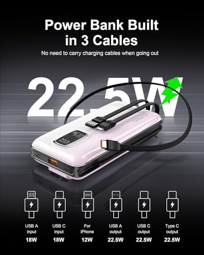 Ultimate 10000 m Ah Portable Power Bank with Built-In USB-C, USB-A & i OS Cables – 22.5 W Fast Charging Power Bank for i Phone 16/15/14/13, Samsung S24/S23/S22/S21, i Pad & More – Lightweight, Airline-Approved Charger for On-the-Go Convenience and Enhanced Device Compatibility