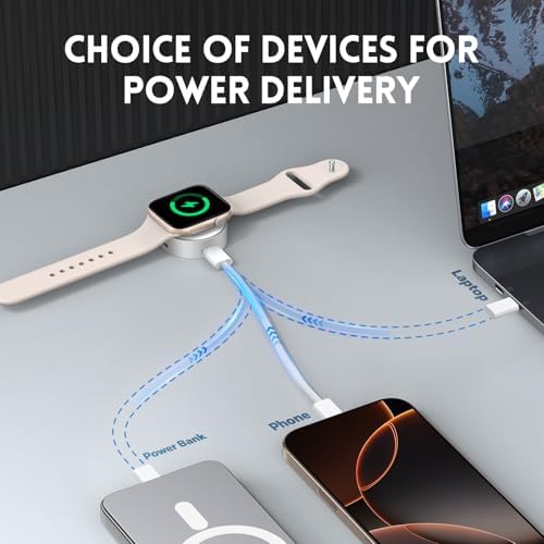 Misxi 2-in-1 Portable Magnetic Wireless Charger for Apple Watch – Fast USB-C Charging, Sleek Design for Effortless Travel, Compatible with Series 2-10, SE, Ultra Models to Keep Your Smartwatch Powered Anywhere