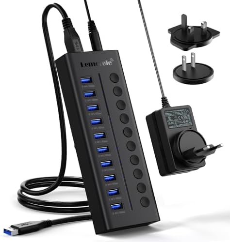 Lemorele 10-Port USB 3.0 Powered Hub – Ultimate 24 W USB Splitter with Individual LED Switches for Smart Device Management, Achieve 5 Gbps Data Transfer & 5 V Charging for Phones, Power Banks, and More – Ideal for Home Offices and Professionals Seeking Efficiency