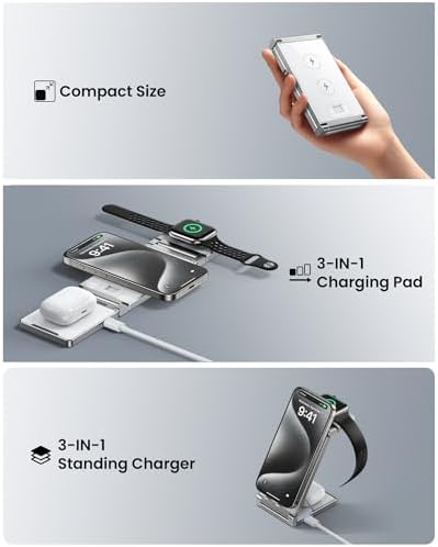 Hohosb Foldable 3-in-1 Magnetic Wireless Charger Station – Premium Zinc Alloy Design for i Phone 15/14/13/12, Air Pods Pro/3/2, and Apple Watch – Mag Safe Compatible, Fast Charging, and Travel-Friendly Solution for All Your Devices (Blue)