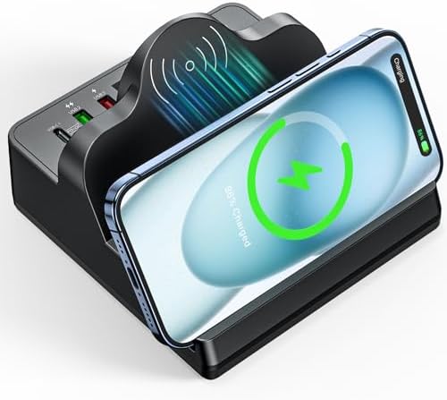 WU-MINGLU 8-Port Fast Charging Station – 80 W Multi-Device Dock with Wireless Charging, Quick Charge 3.0, and PD 20 W, LCD Display for Real-Time Status – Compatible with i Phone, i Pad, Smartphones, and Smartwatches – Ultimate Convenience and Speed for Tech Enthusiasts