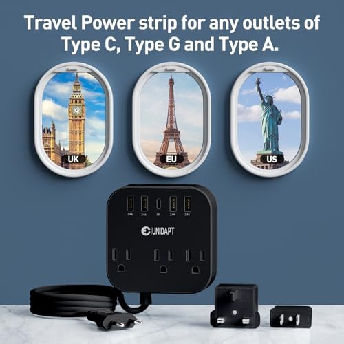 Universal Travel Power Strip with European Plug Adapter – Unidapt US to UK Adapter for EU/UK/US with 4 USB Ports Including USB-C, 3 AC Outlets, Wall Mountable Design, 5 ft Extension Cord for Home, Cruise, and Travel (Black) – Enhanced Device Compatibility and Fast Charging Solutions