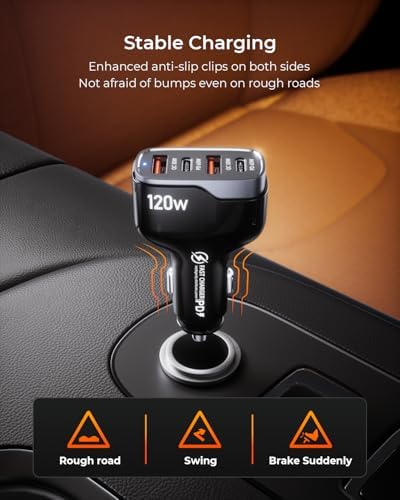 High-Powered 120 W USB C Car Charger with 4 Ports – Dual USB-C PD 60 W & USB-A QC 30 W Fast Charging Adapter for i Phone 16/15/14/13/12, Samsung Galaxy S24 Ultra/S23, Google Pixel & Android Devices – Ultimate Travel Charging Solution for Multiple Devices on the Go