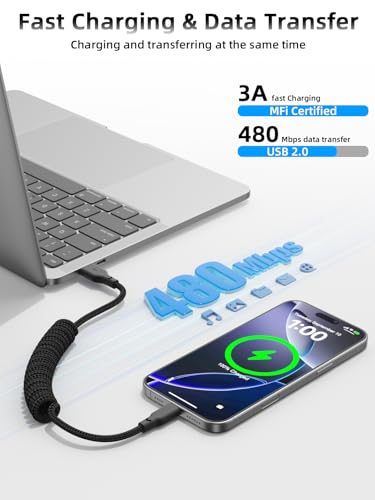 Premium Coiled USB A to USB C Fast Charge Cable – 2 Pack, 3 ft Retractable i Phone Charger for 16/15/Plus/Pro Max & Mac Book Pro – Ultimate Compatibility & Clutter-Free Design for On-the-Go Charging