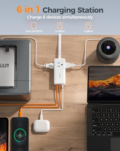 TESSAN 30 W USB Charging Station with Flat Plug & 5 FT Extension Cord – Multiport Fast Charger for Phones, Tablets, Laptops – Perfect Travel Companion with 3 AC Outlets & Enhanced Safety Features for Home and Office Use