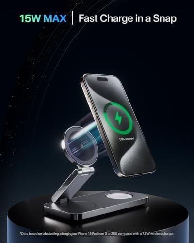 Ultimate 3-in-1 Foldable Wireless Charging Station for Apple Devices – Fast Charger for i Phone 16, 15, 14, 13, 12, Air Pods & Apple Watch – Portable & Stylish Black Design for Home & Travel Use – Anti-Slip Base for Stability – Perfect for Decluttering Your Space and Enhancing Charging Efficiency
