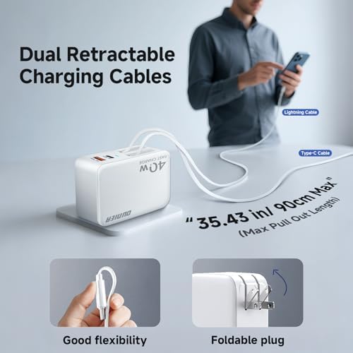 Ultra-Compact 4-in-1 Retractable Wall Charger with 40 W Fast Charging – Dual USB-C & USB-A Ports for Ultimate Compatibility with i Phone 16/15, i Pad, Samsung, Pixel – Travel-Friendly Design for Effortless Power on the Go