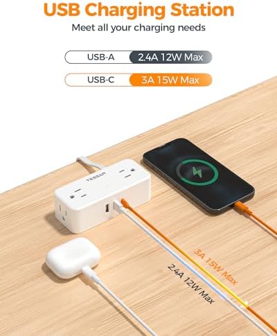 TESSAN 5 FT Flat Plug Extension Cord with 4 AC Outlets, 1 USB-C & 2 USB-A Ports – 900 Joules Surge Protector Power Strip for Home Office & Dorm Room – Maximize Charging Efficiency & Space Savings with Versatile Power Accessory
