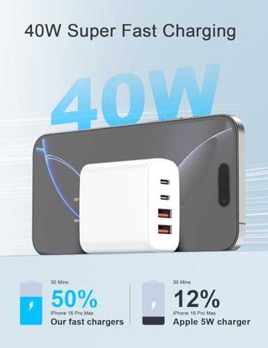 40 W Dual USB-C Fast Charging Block with Type C to C & Lightning Cables – Versatile Power Adapter for i Phone Models 7 to 16 – Compact, Efficient, and Safe Charging Solution for Home and Travel – Enhanced Speed and Compatibility for All USB Devices