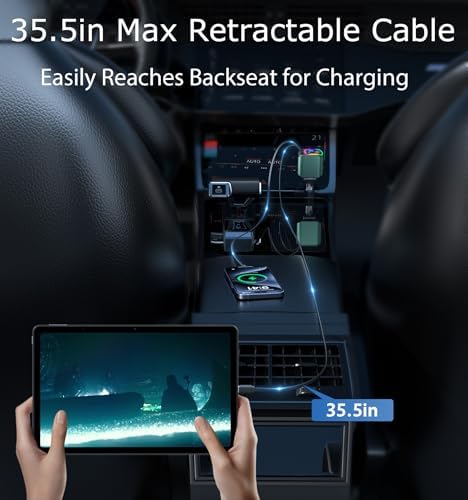 Ultra-Fast 100 W Retractable USB C Car Charger – 4-in-1 Multi-Device Fast Charging Solution with RGB Light for i Phone, Samsung, Android & Laptops – Compact Design for Effortless Portability and Tangle-Free Storage