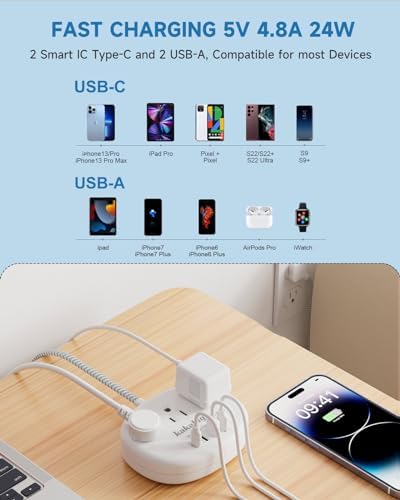 Stylish Brown Extension Cord with 1080 J Surge Protection – 5 FT Flat Braided Design Featuring 3 AC Outlets & 4 USB Ports (24 W/4.8 A) for Fast Charging – Ideal Tan Desk Accessory for Powering Devices Safely & Efficiently