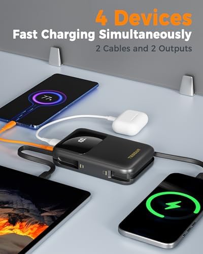 TESSAN 10000 m Ah Fast Charging Portable Power Bank with Built-in USB-C Cable – Compact Battery Pack for i Phone 16/15, Samsung & Tablets – Ultimate Travel Companion with Universal Compatibility & Rapid Recharge Technology