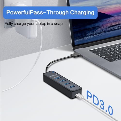 Smart Q H302 USB 3.0 Hub – 4-Port Connectivity Solution with Long Cable Options for Seamless Data Transfer up to 5 Gbps, Micro-B Charging for All Devices, Includes USB C Adapter – Boost Your Productivity & Versatile Workspace Efficiency