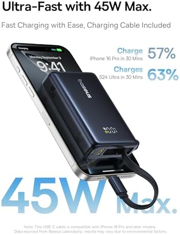 Baseus Picogo 10000 m Ah Portable Charger – 45 W Fast Charging Power Bank with Built-in USB-C Cable, Ideal for i Phone 16/15/14/13, Samsung S22/S21, Google Devices & i Pad – Ultimate Multi-Device External Battery with Enhanced Speed and Compatibility for On-the-Go Power Needs