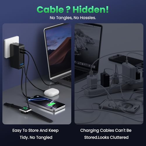 120 W Ga N IV USB-C Charger Station with Dual Retractable Cables – Fast Charging Wall Adapter for Mac Book, i Pad, i Phone 16/15/14, Galaxy S24 & Android Devices – Compact 4-in-1 Foldable Design for Effortless Travel and Enhanced Compatibility