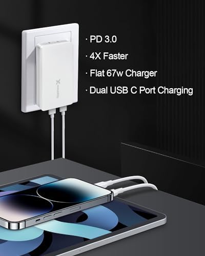67 W Dual USB-C Fast Charging Wall Adapter – Ultra-Slim Foldable Plug Charger for i Phone 15/14 Pro Max, i Pad, Air Pods & Samsung Galaxy – Maximum Portability & Versatile Device Compatibility