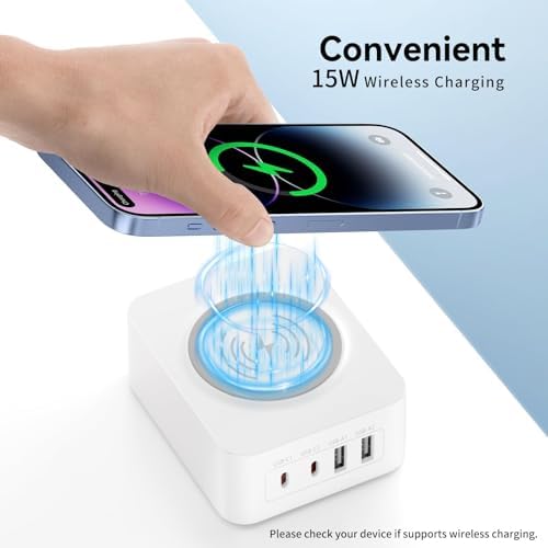 Advanced Multi-Port USB Charging Station with 60 W Fast Charging and 15 W Wireless Pad – Dual PD USB-C and QC USB-A Ports for Efficient Power Delivery to Samsung S25, i Phone 16 Pro Max, and More – Compact Design for Home, Office, and Travel Use – Streamline Your Charging Experience with Enhanced Compatibility and Speed