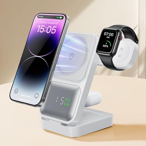 5-in-1 GUSGU Mag Time Wireless Charging Station with Real-Time Power Display – Portable Foldable Charger for i Phone 16/15/14/13, Apple Watch 9 & Air Pods – Fast, Safe Charging with 30 W Adapter & Temperature Monitoring – Ideal for Home, Office & Travel