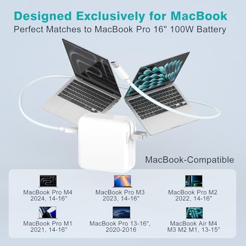 Ultra Compact 100 W USB-C Power Adapter for Mac Book Pro & Air (2019-2025) – Rapid Charge with 6.6 FT Braided Cable | Optimal Compatibility & Battery Preservation for Mobile Professionals