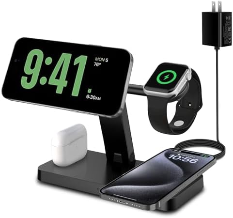 PDKUAI 4-in-1 Magnetic Charging Station – Fast Wireless Charger Stand for i Phone 16/15/14/13/12 Pro/Max/Mini/Plus, Apple Watch 10/9/8/7/6/SE/5/Ultra & Air Pods Pro/4/3 – Enhanced Compatibility with Dedicated Adapter – Sleek White Design for Home & Office