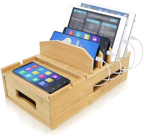 ZOOFOX Eco-Friendly Bamboo Multi-Device Charging Station – Sleek Desk Dock for Smartphones, Tablets, and Laptops with Customizable Dividers and Storage Drawer for Ultimate Cable Management and Fast Charging Solutions