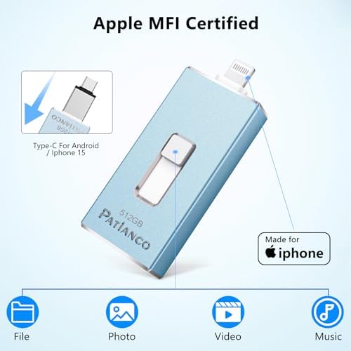 Patianco 512 GB MFi Certified USB Flash Drive for i Phone/i Pad – Lightning Connector & USB 3.0 – Ultra-Fast 100/625 MB/s Transfer Speeds – Portable, High-Capacity Photo Stick in Eye-Catching Blue – Effortless Backup & Storage Solution for Apple Users