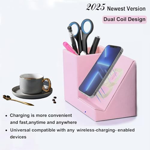 Sleek Pink 15 W Wireless Charger with Integrated Desk Stand & Pen Holder – Qi Certified Fast Charging Dock for i Phone 16/15/14 MAX/XR/XS & Samsung S24/S23 Series | Elevate Your Workspace Organization and Efficiency