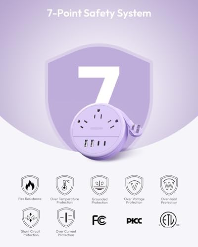 Stylish NTONPOWER Purple Extension Cord with 3 AC Outlets & 4 USB Ports (2 USB-C) – 4 FT Flat Power Strip for Kawaii Dorm & Office Decor – Compact, Versatile Charging Station for Modern Workspaces