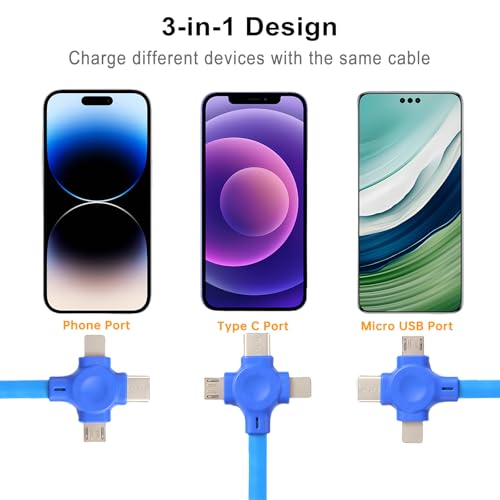 4-Pack Retractable 3-in-1 Charging Cable Set – Versatile 3.28 Ft Fast Charging Solution with IP, USB C, and Micro USB Connectors – Tangle-Free Design for Smartphones, Tablets & More – Stylish Black, Blue, Purple, Pink Options with Handy Phone Holder for On-the-Go Power