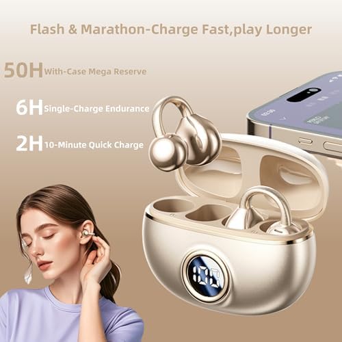 M97 Featherlight Open Ear Bluetooth 5.3 Clip-On Earbuds – Superior Waterproof Headphones with 50-Hour Battery, Immersive Deep Bass, and Quick Charge – Perfect for Running, Gym, and Active Lifestyles in Trendy Purple
