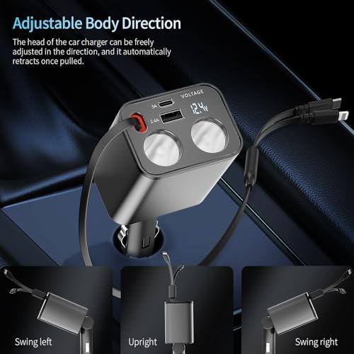 Paiholy Advanced 5-in-1 Retractable Car Charger with Dual USB Ports and Dual Cigarette Lighter Outlets – 159 W Fast Charging Solution for i Phone and All Car Electronics – Clutter-Free Design for Ultimate Travel Convenience
