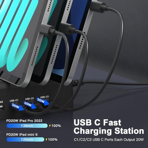 MSTJRY 90 W 6-Port USB C Fast Charging Station – Multi-Device Power Hub with Adjustable Organizers for i Phone, i Pad, Tablets & More – High-Speed PD Charger Dock for Home, Office & Classroom Efficiency