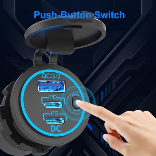 Power Up Anywhere: 2 Pack High-Speed USB C Car Charger Socket – 12 V Multi-Port Cylinder Charger with 30 W PD & 18 W QC3.0, Waterproof Button Switch for Cars, Boats, RVs, Trucks, and More – Ultimate Versatility and Durability