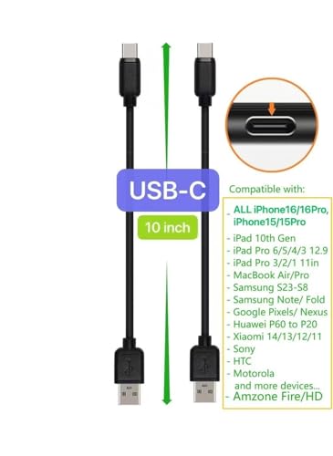 10-Pack Short USB Cables & Type C-C for Fast Charging – Optimized for i Phone 16/15, i Pads, Samsung Devices, and More – Premium Black Design for Efficient Clutter-Free Power Solutions