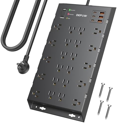 Ultra-Safe Surge Protector Power Strip with 22 Outlets, 6 USB Ports (3 USB-C) and 6.5 FT Flat Plug Cord – 2100 J Protection for Home, Office & Gaming – Wall Mountable, Enhanced Power Management Solution in Sleek Black