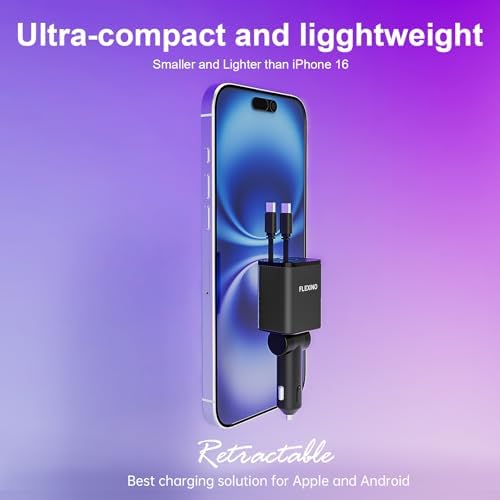 Premium Flexino Compact Retractable Car Charger for i Phone 16 – 69 W Fast Charging with Dual 2.6 ft USB C Cords | Efficient Power Adapter Compatible with i Phone 16/15/14/13/12 Series & Galaxy Devices | Sleek Grey Design for Ultimate Portability and Reduced Cable Clutter