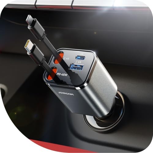 Revolutionary 69 W Retractable 4-in-1 Car Charger – Sleek USB-C Fast Charging Adapter for i Phone 16, i Phone 15 Pro Max & Pixel – Compact Design in Striking Red for Effortless Portability and Enhanced Device Compatibility