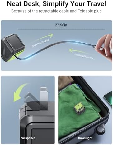 Advanced 65 W Retractable Wall Charger with Dual Port Fast Charging and Type-C Cable – Compact Foldable Plug for i Phone 16/15, Mac Book Air, i Pad, Samsung, Pixel – Ultimate Travel and Home Power Solution with Enhanced Safety Features