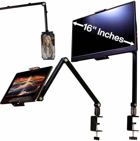 Aluminum Phone and Tablet Stand- Adjustable 360° Rotation, Cable Management, Stable Base, Black – Fits 16″ Portable Monitors, iPads, iPhones. Hands-Free Use for Desk, Office, or Home – Enhanced Compatibility and Speed