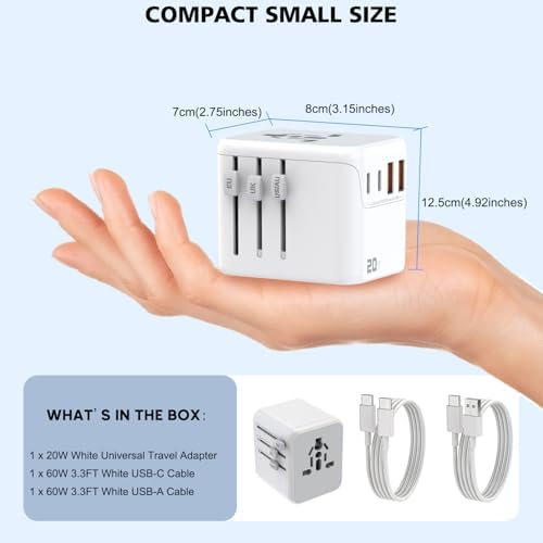 Ultimate 2 Pack Compact Dual USB-C Travel Adapter with 3 FT Type C Cable – Universal Power Converter for Effortless Global Charging in 224 Countries – Lightweight, Portable Solution for Modern Travelers