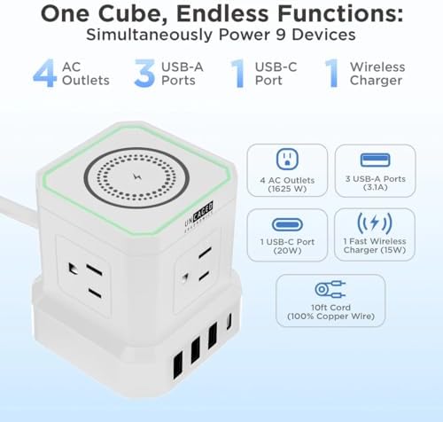 Revolutionize Your Charging Setup with the Uncaged Ergonomics 10 ft Wireless Cube Charger & Power Strip – Featuring 4 AC Outlets, 3 USB Ports Including 1 C Fast Charger, Surge Protection, and an On/Off Switch for Ultimate Device Management and Safety