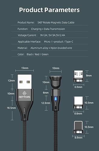 Revolutionize Your Charging Experience with the 540° 7-Pin Magnetic USB Charging Cable – 3-in-1 Fast Charger Bundle (4-Pack: 3 ft, 3 ft, 6 ft, 6 ft) for i Phone, Micro USB & Type C Devices – Ultimate Compatibility & Speed with Magnetic Convenience, Data Transfer Support, and Ergonomically Designed Durability for Everyday Use