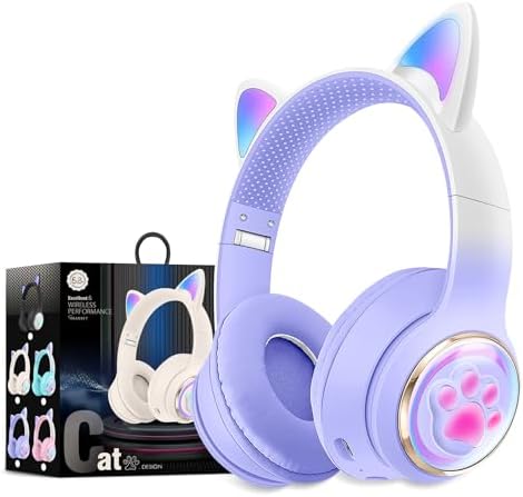Playful Cat Ear Bluetooth Headphones for Kids – Foldable Over-Ear Design with LED Lights, Safe Listening Volume Control, Built-in Microphone, and Multi-Device Connectivity – Ideal for Music, Movies, and Gaming on i Phones, i Pads, Smartphones, and More!