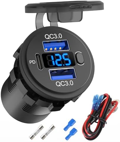 12 V Dual USB Quick Charge 3.0 & PD3.0 Waterproof Car Charger Socket with Voltmeter – Ultimate DIY Cigarette Lighter Replacement for Boats and Vehicles, Fast Charge Multiple Devices Anywhere