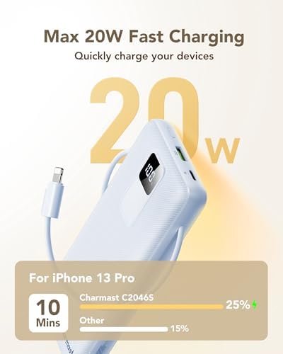 Charmast 20000 m Ah Fast Charging Power Bank with Integrated Cables & Wall Plug – 20 W USB-C Charger for i Phone 16/15/14, Samsung Galaxy, Google Pixel, and i Pad – Ultimate Portable Energy Source with Rugged Design and Rapid Recharge Capability
